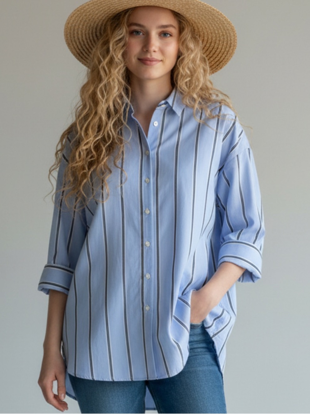 J. Jill Light Blue and Black Vertical Stripe Button-Down Shirt